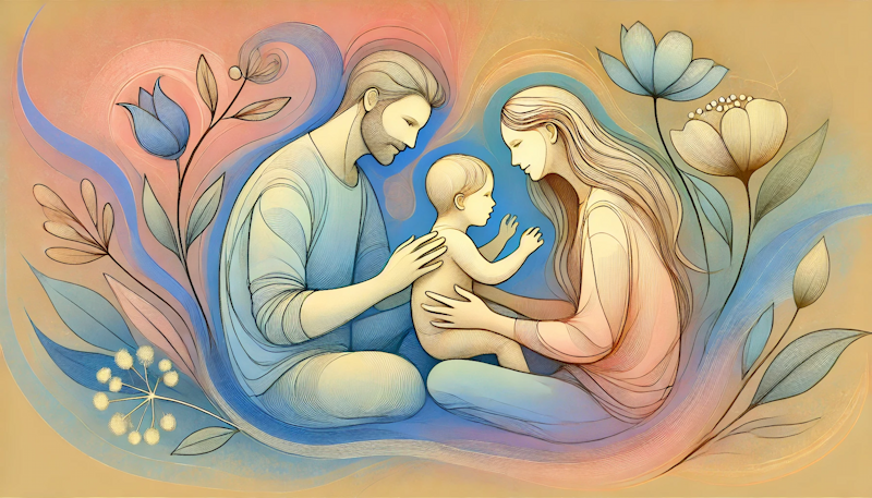 parents sitting with baby between them, fanciful. ai generated